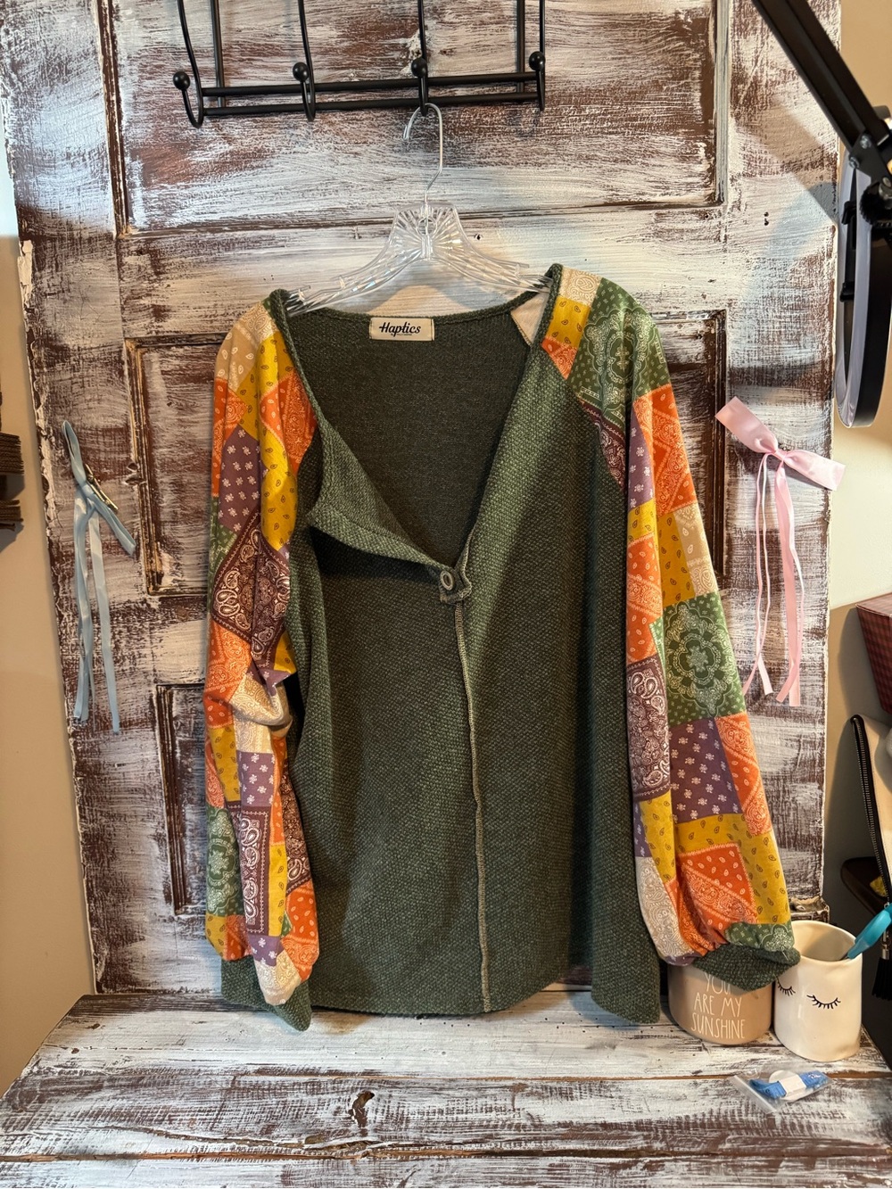 Haptics Olive Green Patchwork-Sleeve Cardigan